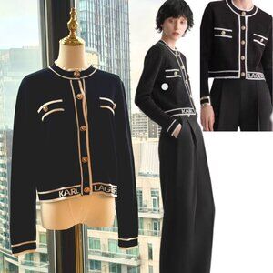 🆕 KARL LAGERFELD 🧿 NWT Classic Cardigan with Logo Embroidery & Buttons, Sz M